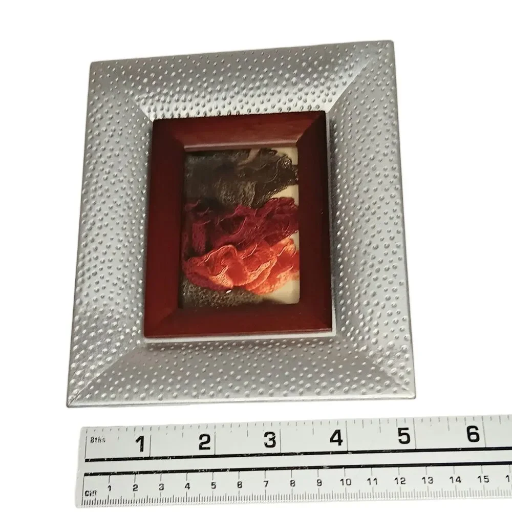 Silver Metal Hammered Pebbled Photo Frame W/ Wood Border 5x6 Photo 2x3 VTG Fetco